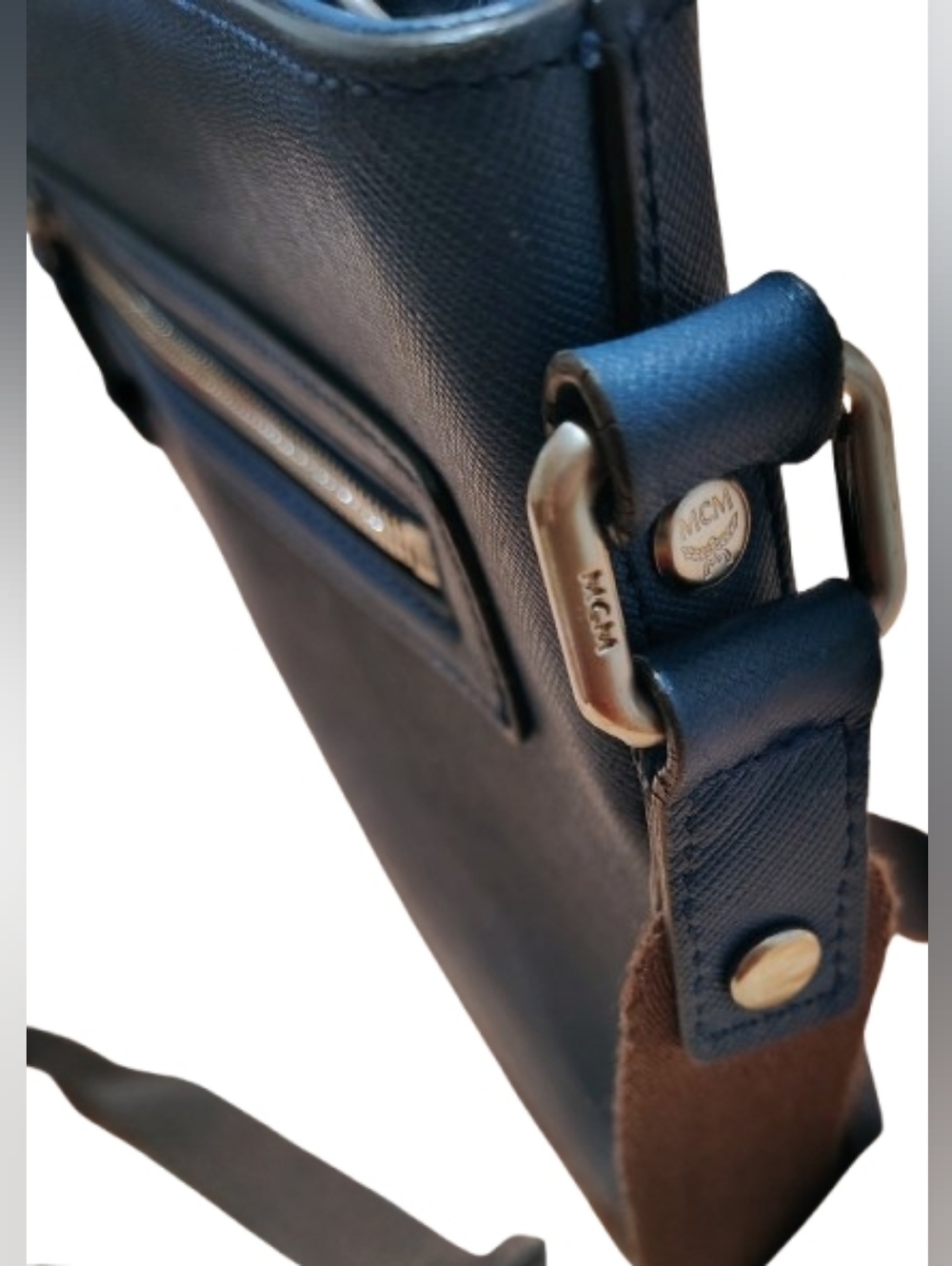 MCM Crossbody Messenger Bag - Blue Leather & Brown Strap - Picture 12 of 14